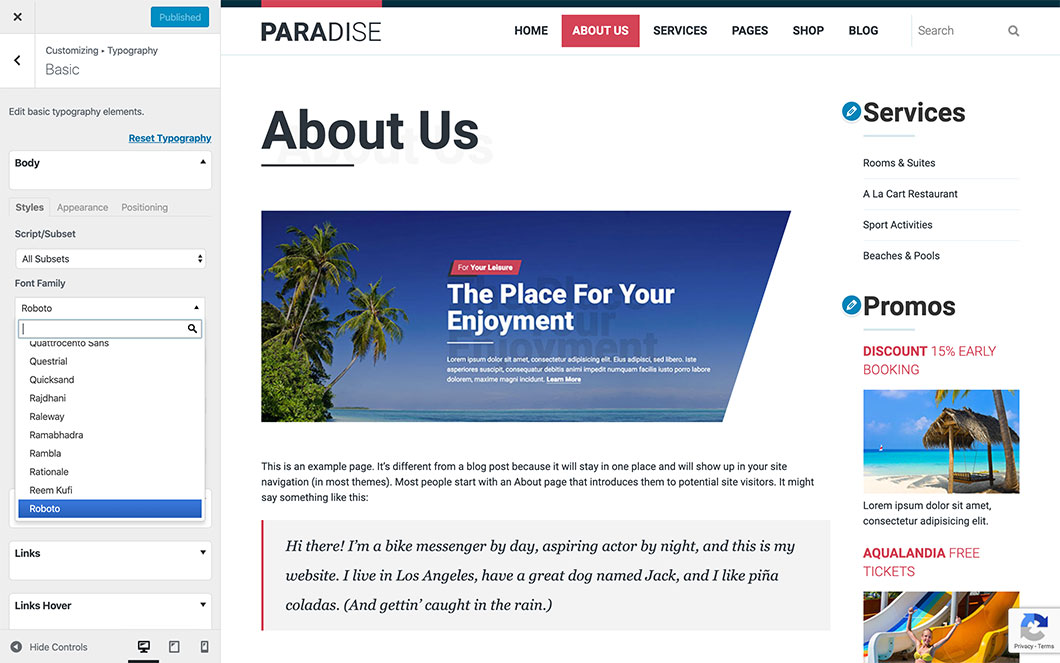 WordPress Live Customizer in Paradise theme