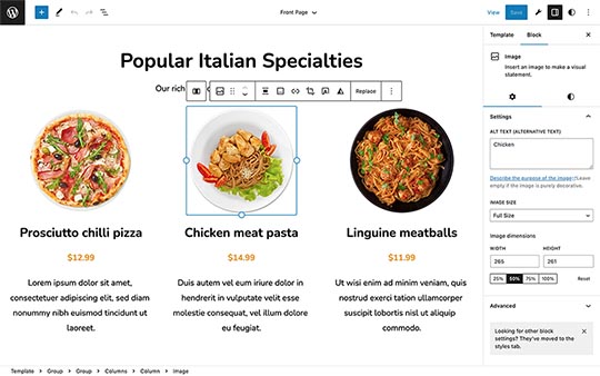 WordPress site editor with Pizzeria block theme