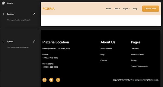 Header and Footer template parts for Pizzeria block theme