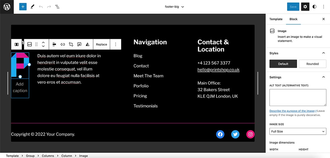 Header and footer template parts for Print Shop theme