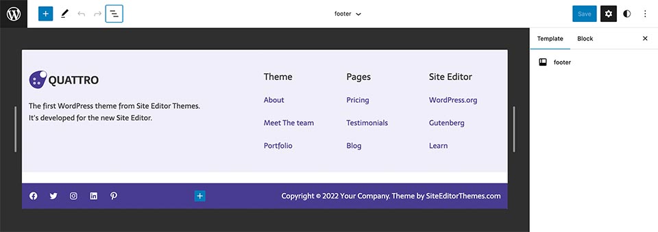 Header and footer template parts for Quattro theme