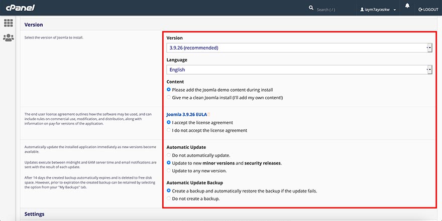 Installatron Joomla demo data and update