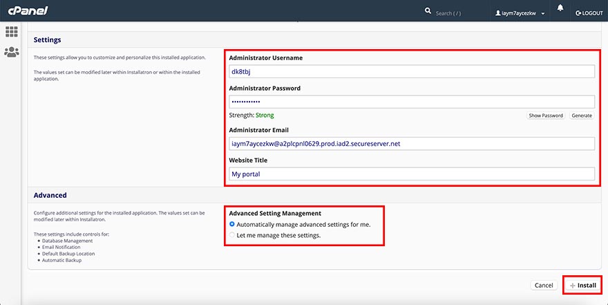 Installatron Joomla settings