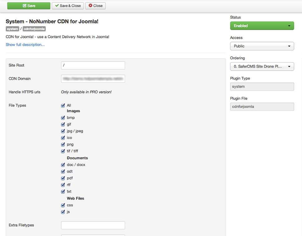 CDN Joomla plugin parameters