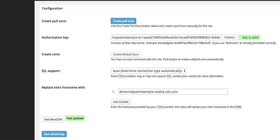 CDN WordPress plugin configuration