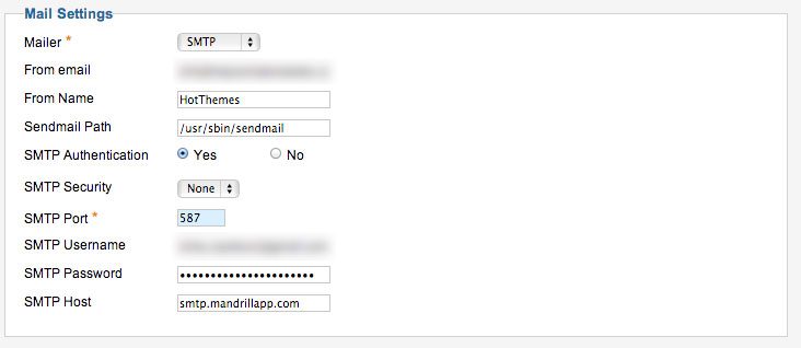 Joomla configuration for Mandrill