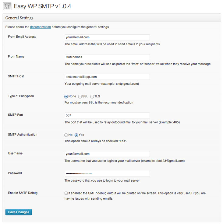 WordPress configuration for Mandrill