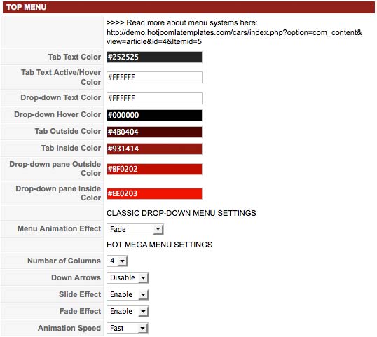 Menu settings