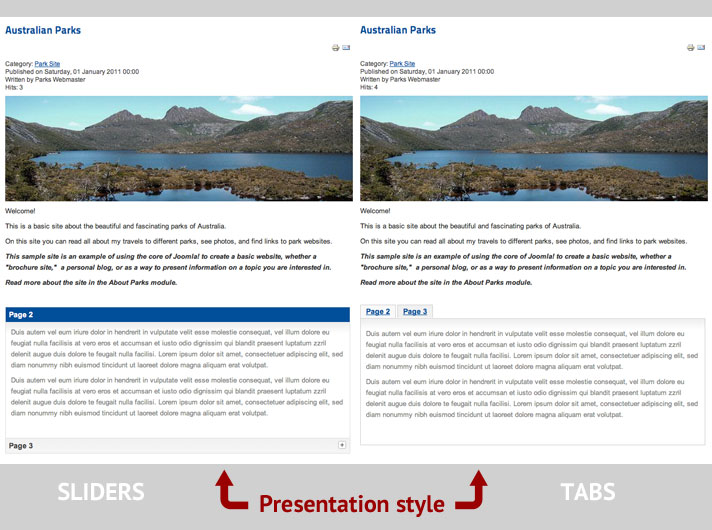page break sliders and tabs