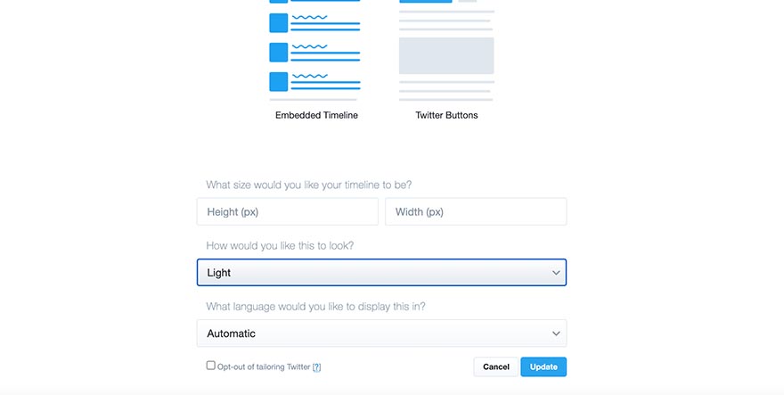 Twitter publish customization options